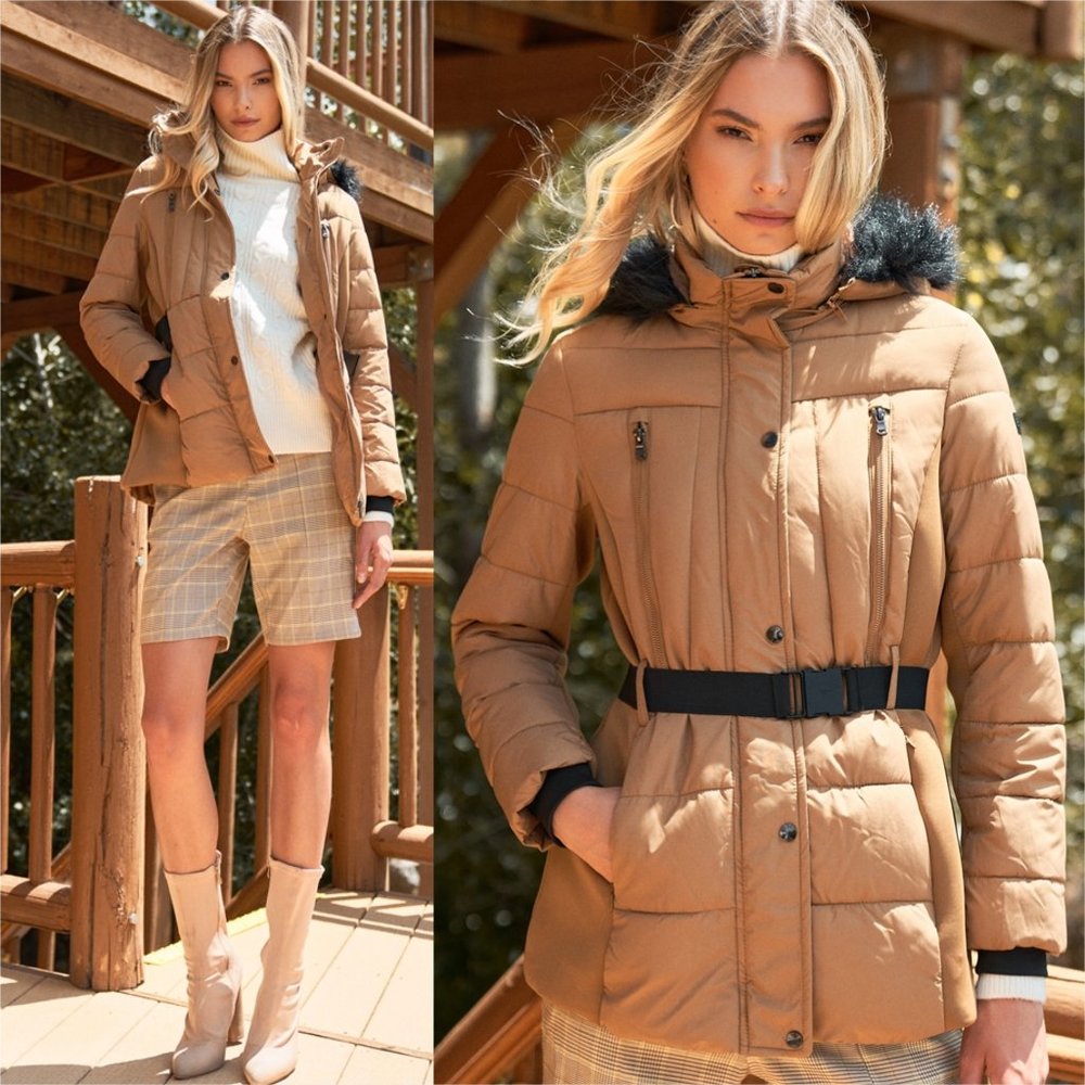CAMEL Faux Fur Harness Buckle Belt Puffer JACKET